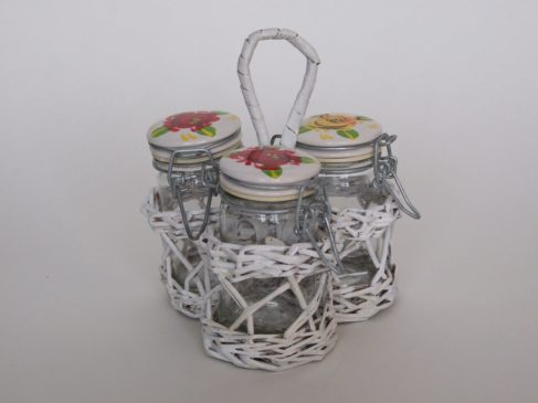 3 glass jars with basket