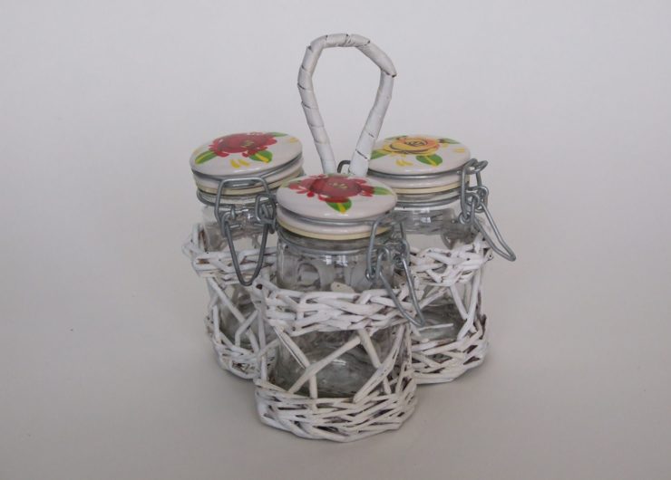 3 glass jars with basket